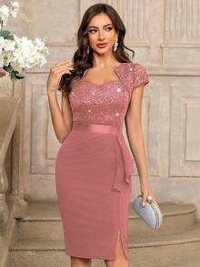 MIUSOL Sequin Lace Sweetheart Neck Ruffle Hem Cocktail Party Bodycon Dress Wedding Spring - Dusty Pink - View 6