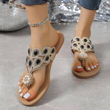 2025 Bohemian Crystal Embellished Flat Slide Sandals For Women, Open Toe Slip-On - Black - View 1