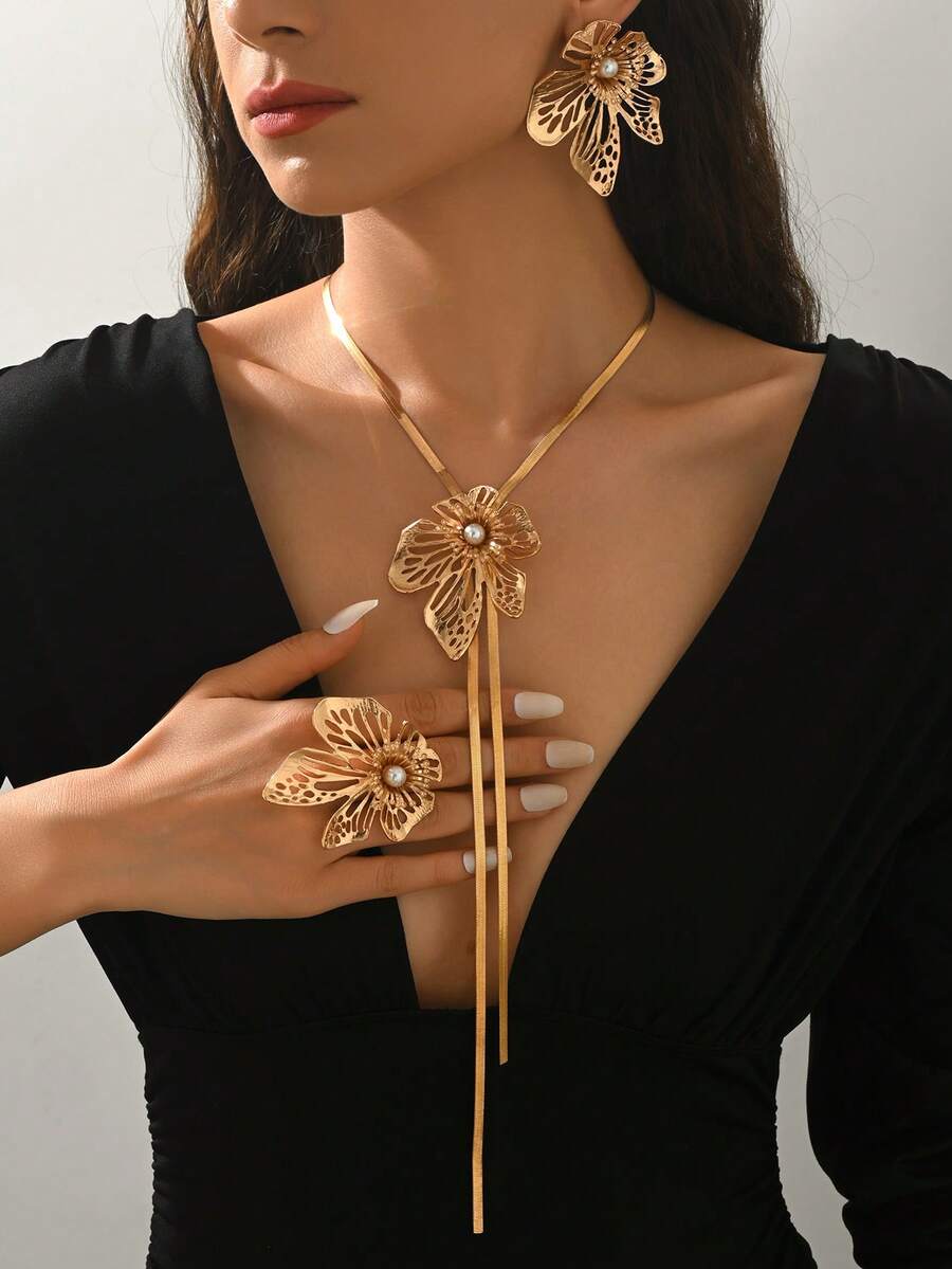 3pcs/Set New Creative Floral Elegant Fashion Y-Shape Snake Chain Personalized Daily Outfit Set, Autumn/Winter