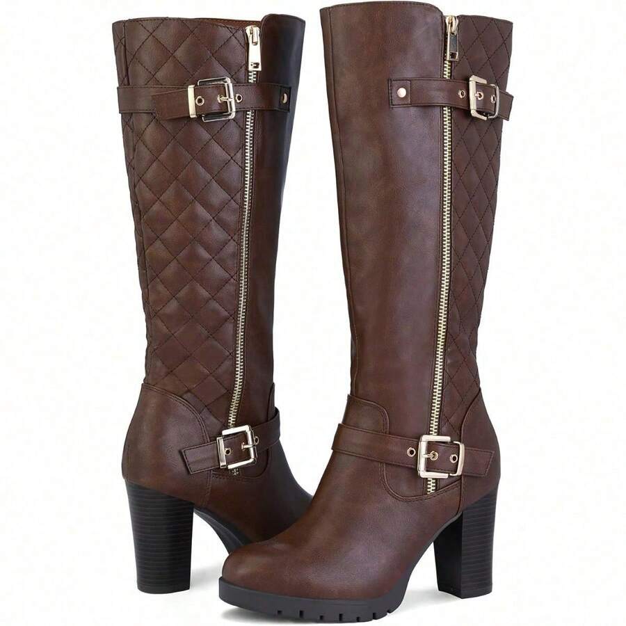 PENNYSUE Women's Knee High Boots, Fashion Chunky Block Heel Warm Winter Boots With Side Zipper For Office And Casual Wear - 棕色浦 - 查看 1