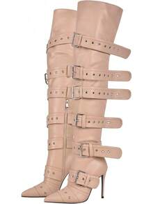 Multi Buckle Strap Over The Knee Pointed Toe Belts Stiletto Heeled Booty Thigh HighChristmas - 裸體 - 查看 8