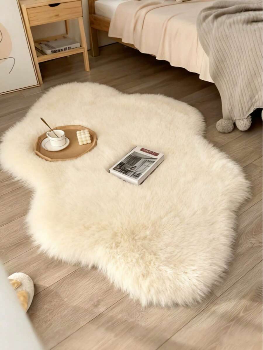 1pc Soft & Fluffy Plush Floor Mat, Beige, Suitable For Bedroom, Living Room, Study, Office, Foyer, Can Be Used As Floor Pad, Comfortable & Warm, Washable & Non-Slip, Cute Design, Suitable For All Seasons, Excellent Home Decor, Minimalist Luxurious Living Room Carpet, Asymmetrical Shape, Can Be Used As Bedroom Rug Or Bedside Rug. - Creamy White - View 1