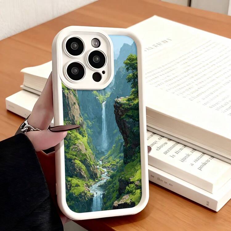 Funda para telefono con borde negro diseño de cascada montaña bosque verde paisaje natural para uso diario y trabajo - Blanco - Añade 7