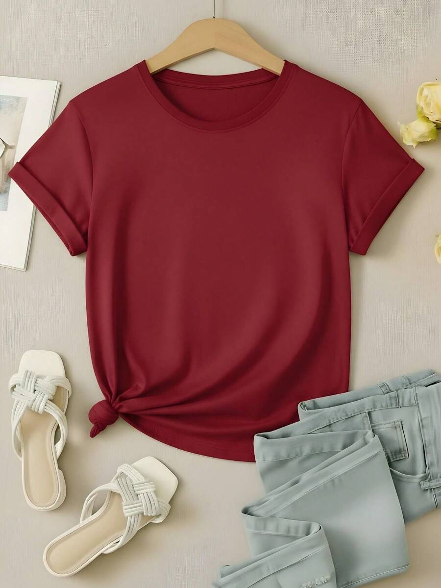 Women's Plain T-Shirt, No Print, Cotton Blouse, Casual, Cute, Premium Knit, Short Sleeve, Round Neck Shirt - 紫紅色 - 查看 1