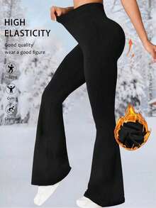 大码女式高腰纯色冬季保暖喇叭裤，运动瑜伽紧身裤，跑步健身压缩紧身裤，女式下装