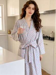 1pc Women's Robe - Minimalist European Style Long Sleeve Sleepwear, Cute Heart Pattern, Lightweight Fabric, Solid Color, Suitable For Spring, Autumn And Summer Home, Bedroom Casual Pajamas - Grid Little Heart - View 7