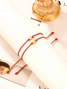 2pcs Adjustable Laser Cut Heart Braided Bracelet - Valentine's Day/Friendship Birthday Gift - Heart - View 2