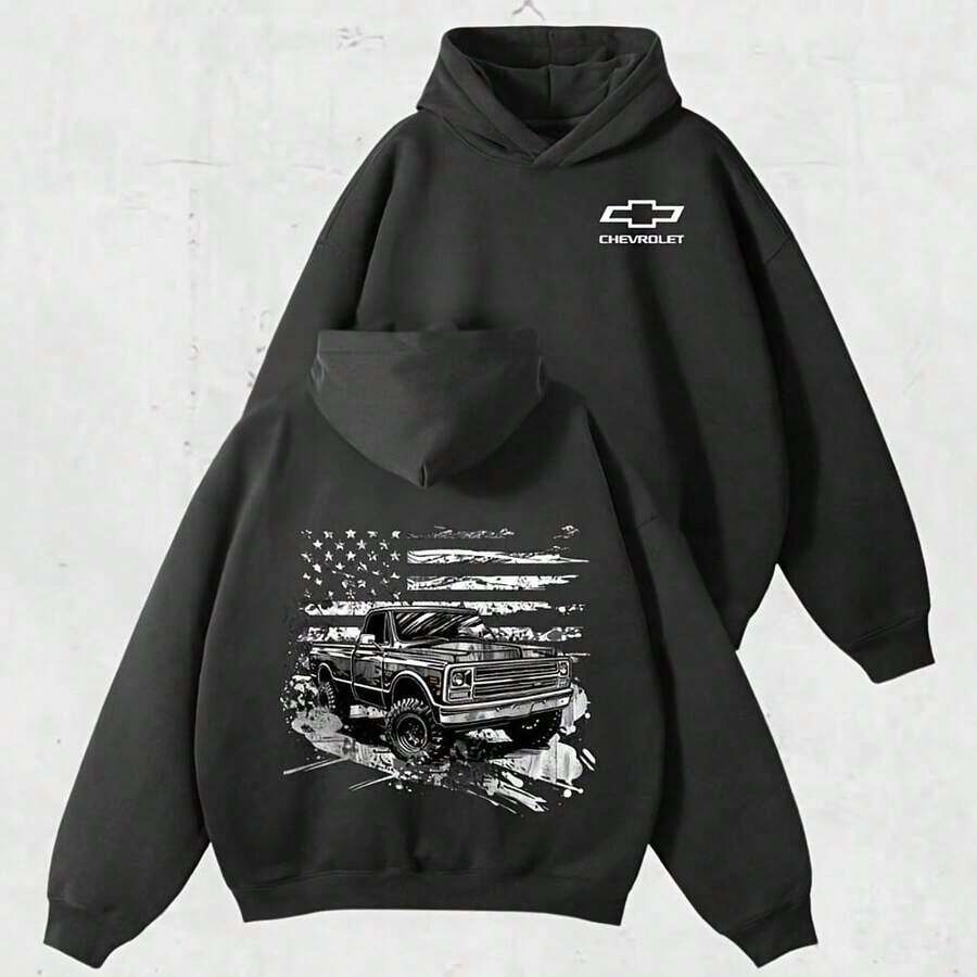 Women Winter ClothesAmerican Flag Chevy Truck Hoodie – Vintage Square Body Pullover, Classic Pickup With USA Flag Graphic, Patriotic Car Guy Sweatshirt, Unisex GearLoose And Comfortablehoodie For Women - 黑色 - 查看 1