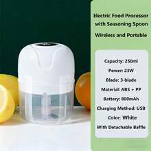 250ml Cordless Electric Onion Chopper Mini Garlic Grinder With Seasoning Spoon, Creative Multifunctional Vegetable And Fruit Slicer Masher, USB Rechargeable Kitchen Blender, Seasoning And Spice Tools, Food Kitchen Gadget, Auxiliary Food Cooking Machine For Home, Outdoor