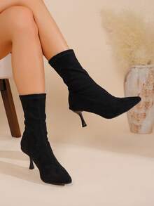 女款新款彈性針織尖頭細高跟中筒修身靴，秋冬歐美風，1雙優雅時尚高跟短靴，純色設計，百搭適用於日常通勤、派對與宴會 - 細跟黑色 - 查看 5