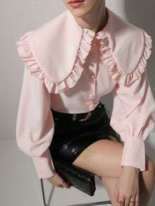 Elegant Women's Solid Color Peter Pan Collar Bishop Sleeve & Ruffle Detail Fashion Long Sleeve Blouse, Versatile For Commute, Casual, Minimalist, Spring/Summer/Autumn/Winter, Suitable For New Year, New Year's Eve, Valentine's Day, Date, Party, Business Office, Romantic Valentine's Day - Baby Pink - View 11