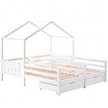 Cabin Bed, Double Bed, Children's Bed, Baby Bed With 2 MDF Drawers, Drawers On Wheels, Pine Slatted Base, White (200x90cm) - 白色 - 查看 9