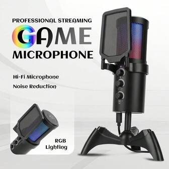 LMBGM 游戏麦克风，USB 电脑麦克风，适用于播客视频、流媒体，电容式麦克风，带快速静音、三脚架安装座、防尘罩、RGB 指示灯、入耳式监听功能、旋转增益按钮，适用于游戏机。