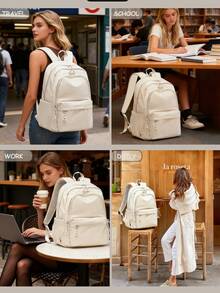 1 PC Solid White Commuting Versatile And Portable Back To School High-End Feeling Popularized Backpack,Multifunctional And Large Capacity Fashionable And Casual Large Capacity Portable Zipper School Bags,Travel Storage Stationery Storage,Vacation Essentials Satchel, For Headphones,Charger,Lipsticks,Cosmetics,Perfume,Skin Care And Beauty Products,For Nurses,Students,Keys,Holiday Gifts - 白色 - 查看 7