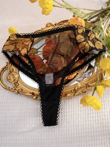 1 Conjunto de lencería de mujer con taza fina con aros, parches de encaje y unicolor, cómodo - Negro - Ver 7