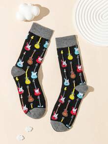 1双男女通用彩色吉他图案透气舒适音乐主题中筒袜，适合日常穿着和音乐相关场合 - 彩色 - 查看 7