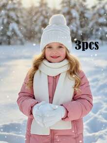 3 delar/set för barn, unisex, stickad mössa + handskar + halsduk, 3 delar, varmt vinterset, koreansk stil - 3-delad pom-pom-version - Visa 12