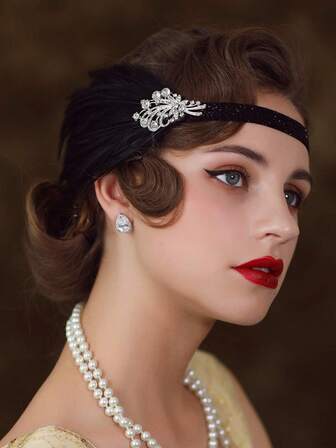 1pc 1920s Flapper Feather Headband Rhinestone Vintage Feather Headpiece For Roaring 20s Gatsby Party Masquerade,Valentine's Day Costume