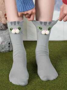 1 par de calcetines de media caña con diseño de gato de dibujos animados, calcetines sin costuras que absorben la humedad y resisten los olores, calcetines cálidos para usar en interiores y en el hogar, para otoño/invierno - Multicolor - Ver 1