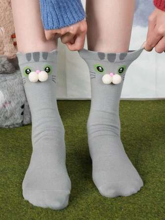 1 Pair Cute Cartoon Cat Mid-Calf Socks, Moisture-Wicking Odor-Resistant Seamless Socks, Warm Indoor Home Floor Socks, Autumn/Winter