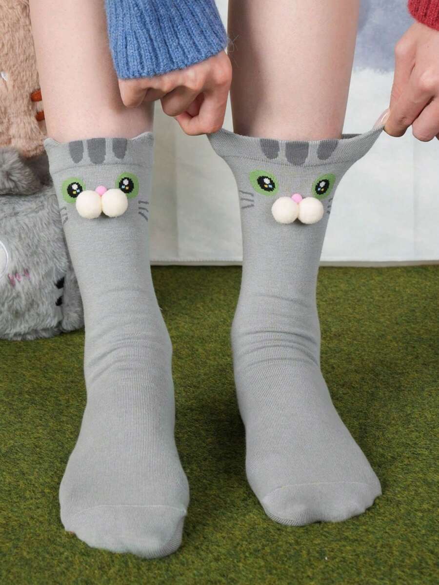 1 par de calcetines de media caña con diseño de gato de dibujos animados, calcetines sin costuras que absorben la humedad y resisten los olores, calcetines cálidos para usar en interiores y en el hogar, para otoño/invierno - Multicolor - Ver 1