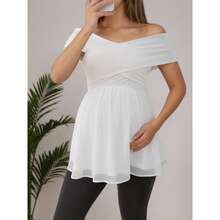 Maternity Off-Shoulder Ruffle Hem Blouse Elegant White Short Sleeve Flare Hem Blouse - White - View 10