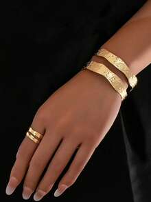 1 Set Exaggerated Luxurious Textured Asymmetric Heavy Metal Leaf Bracelet And Ring Jewelry Set, Fashionable And Elegant Accessories Suitable For Women's Daily Wear - Yellow Gold - View 6