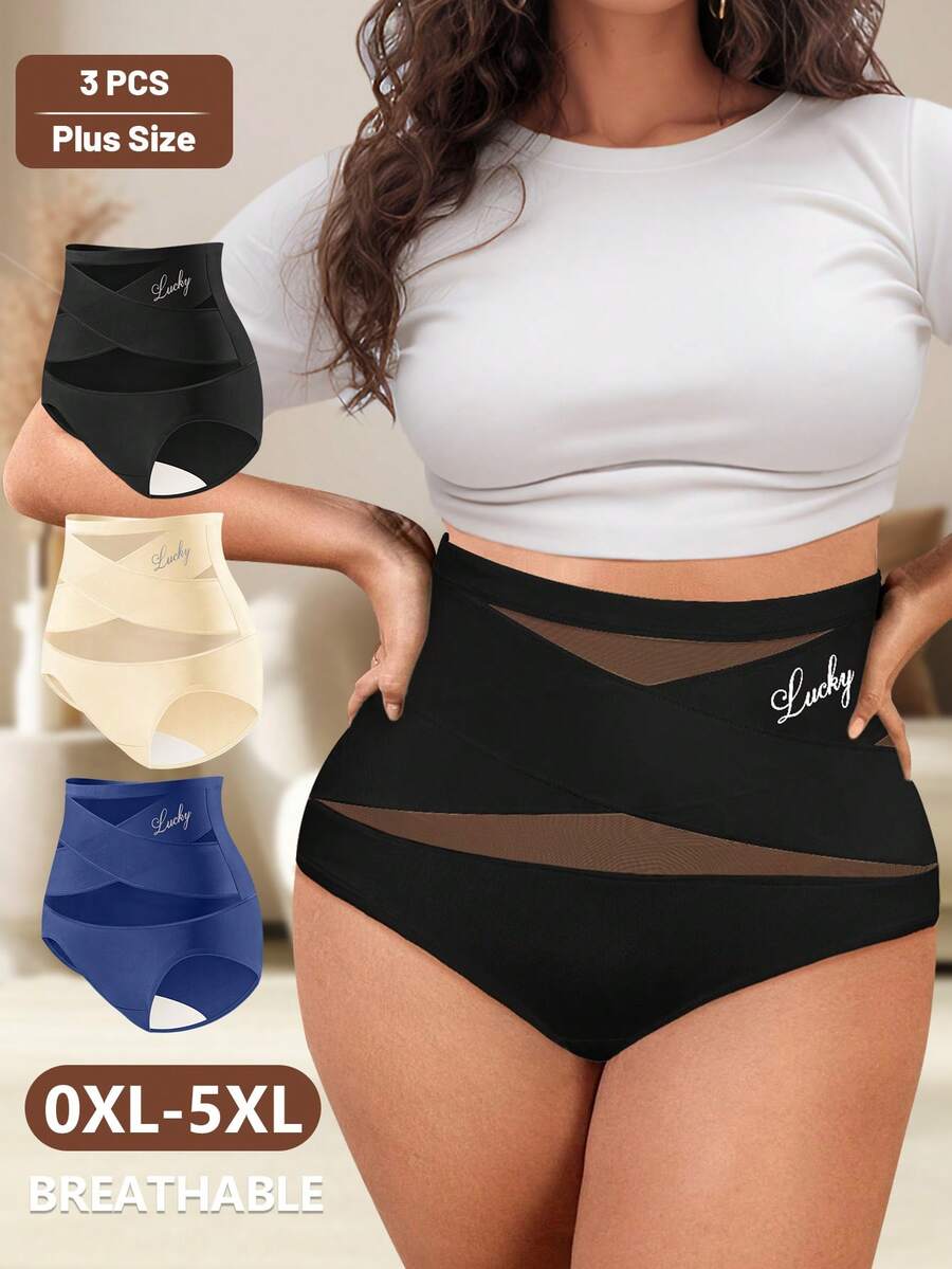 3pcs/Set Plus Size Women's Triangle Panties With Crisscross Mesh Paneling - Nhiều màu - Xem 1