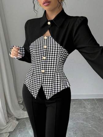 女士新款时尚优雅通勤办公千鸟格撞色两件套，适合日常休闲穿着