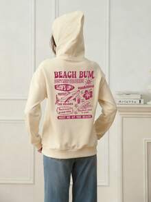 Sudadera con capucha informal con forro térmico y estampado para niñas preadolescentes, adecuada para otoño, primavera e invierno - Albaricoque - Ver 2