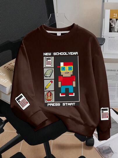 Tween Boy Game Console And Cartoon Print Sweatshirt Crewneck Sweatshirt . Casual Sweatshirt For Boy , Autumn_Winter,Round-Neck Sweatshirt,Suitable For School, Vacation And Shopping Outfits,Back To School