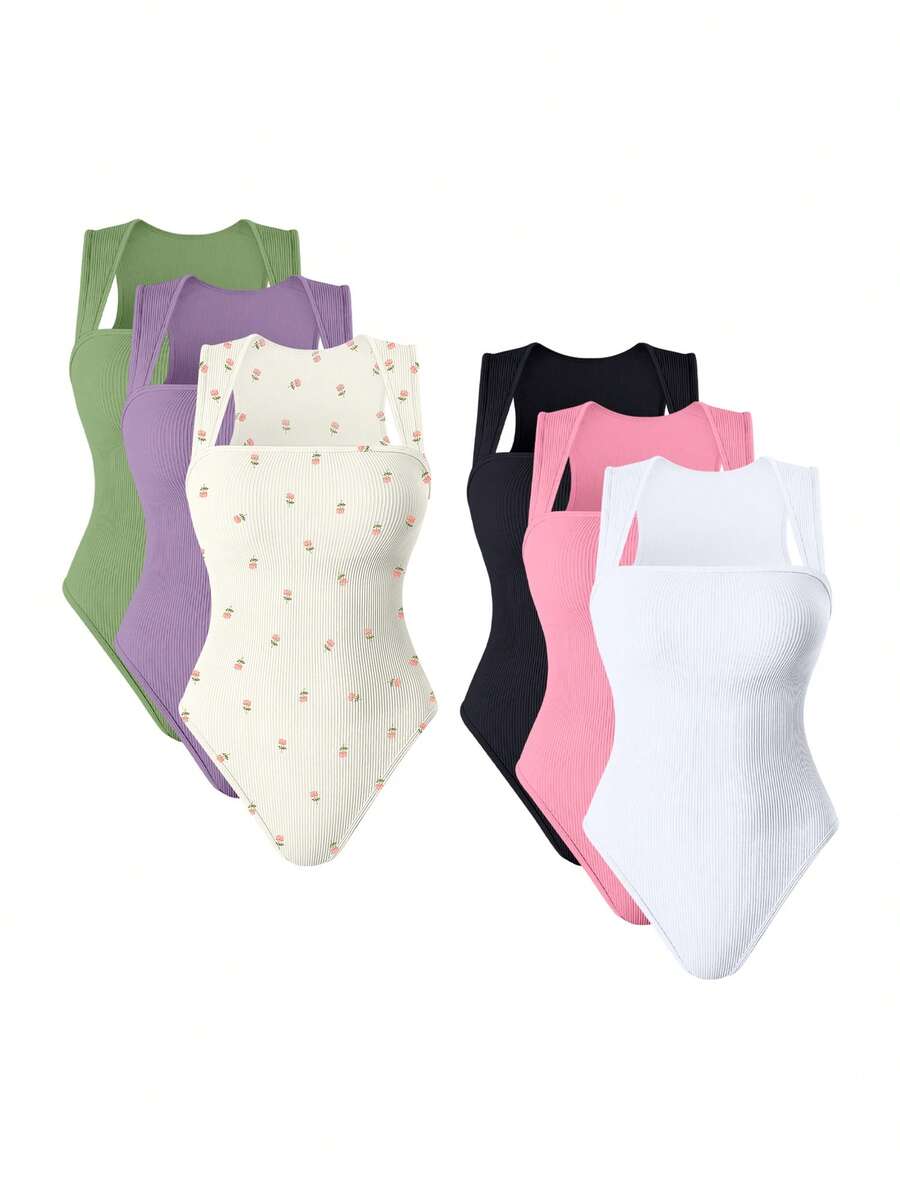 OQQ 3 Piece Bodysuits For Women Sexy Ribbed Strappy Square Neck Stretch Tank Tops Bodysuits - 酪梨綠,香芋紫,玫瑰米,黑,糖果粉,白 - 查看 1