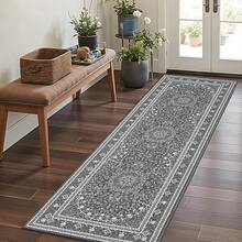 Washable Area Rug 5x7 - Soft Faux-Wool Area Rug Living Room Bedroom, Boho Vintage Floral Medallion Non-Slip Low Pile, Pet Friendly, Blue White - Grey White - 查看 1
