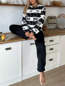 Sanrio 【奇幻世界】2件套Hello Kitty女士毛绒圆领长袖上衣和松紧腰裤可爱家居服套装，蓬松冬季服装 - 黑與白 - 查看 4