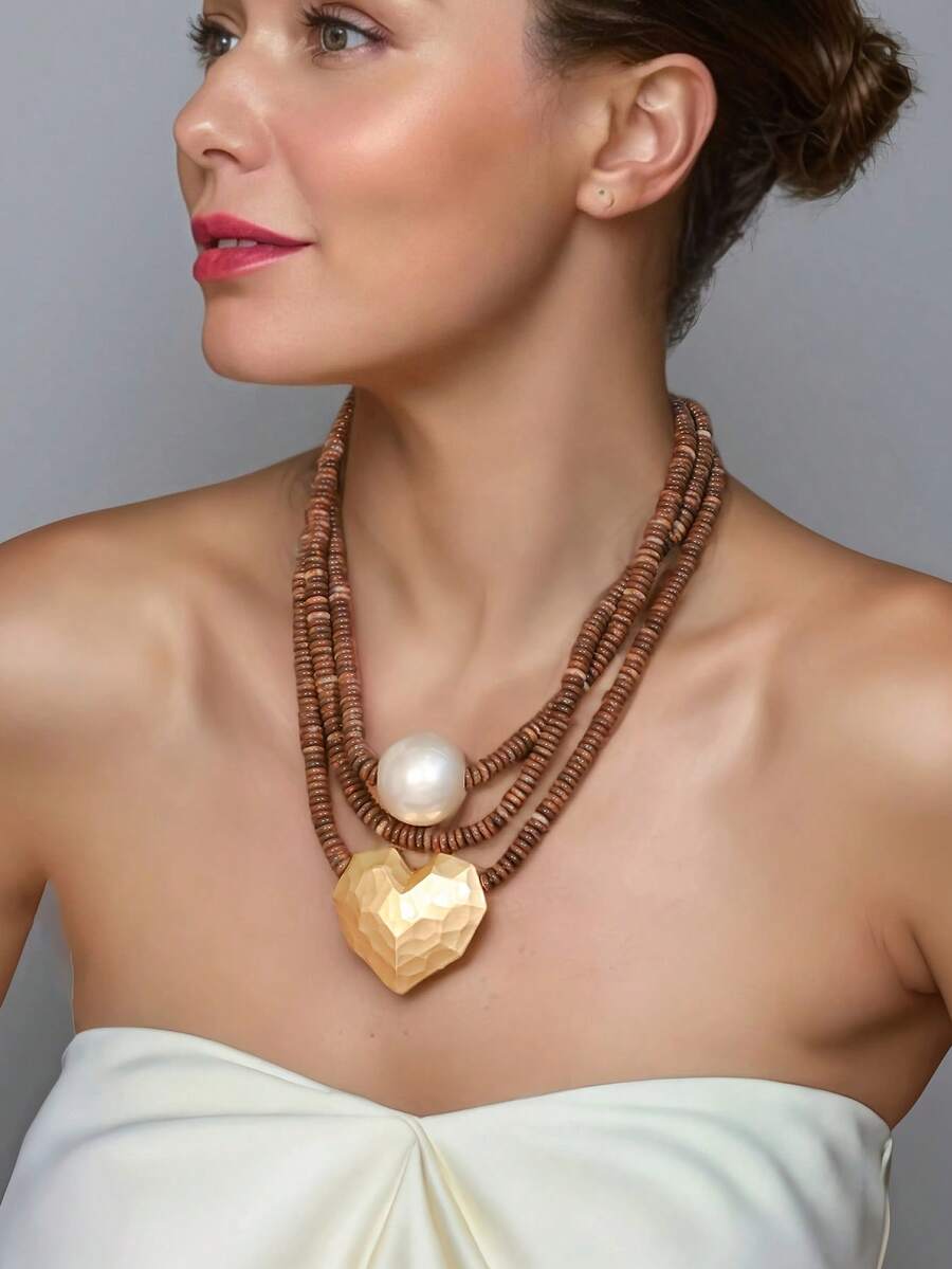 复古多层串珠项链，金属心形和仿珍珠吊坠，别致设计，波西米亚风个性配饰 - 棕色 - 查看 1