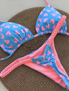 Women's Backless Tie-Up Bikini Set, With Heart Print And Thong, Casual Stretchy Swimwear - Blue - View 1