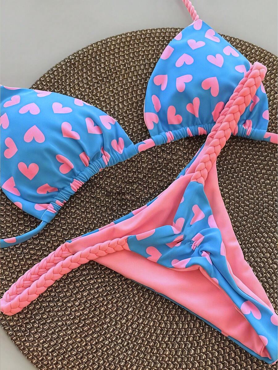 Women's Backless Tie-Up Bikini Set, With Heart Print And Thong, Casual Stretchy Swimwear - Blue - View 1