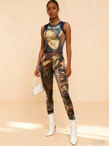 Ladies' Street Casual Tight Fitting Spicy Girl Retro Oil Painting Print Sleeveless Top And Pants Set Two-Piece Set - 黃色 - 查看 6