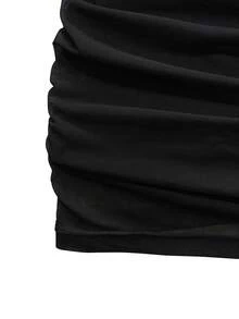 Sexy Fashion Open Shoulder Solid Color Ruched Design Metal Decor Ruffle Hem Long Sleeve Mini Dress, Spring/Summer New Arrival, Vacation Black - Black - View 10