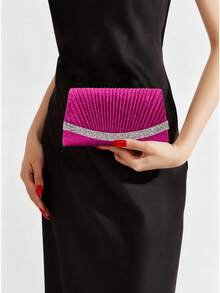 1pc Fuchsia Sequin Elegant Mini Pleated Clutch Bag With Rhinestone, Suitable For Wedding, Banquet, Party - Hot Pink - View 2
