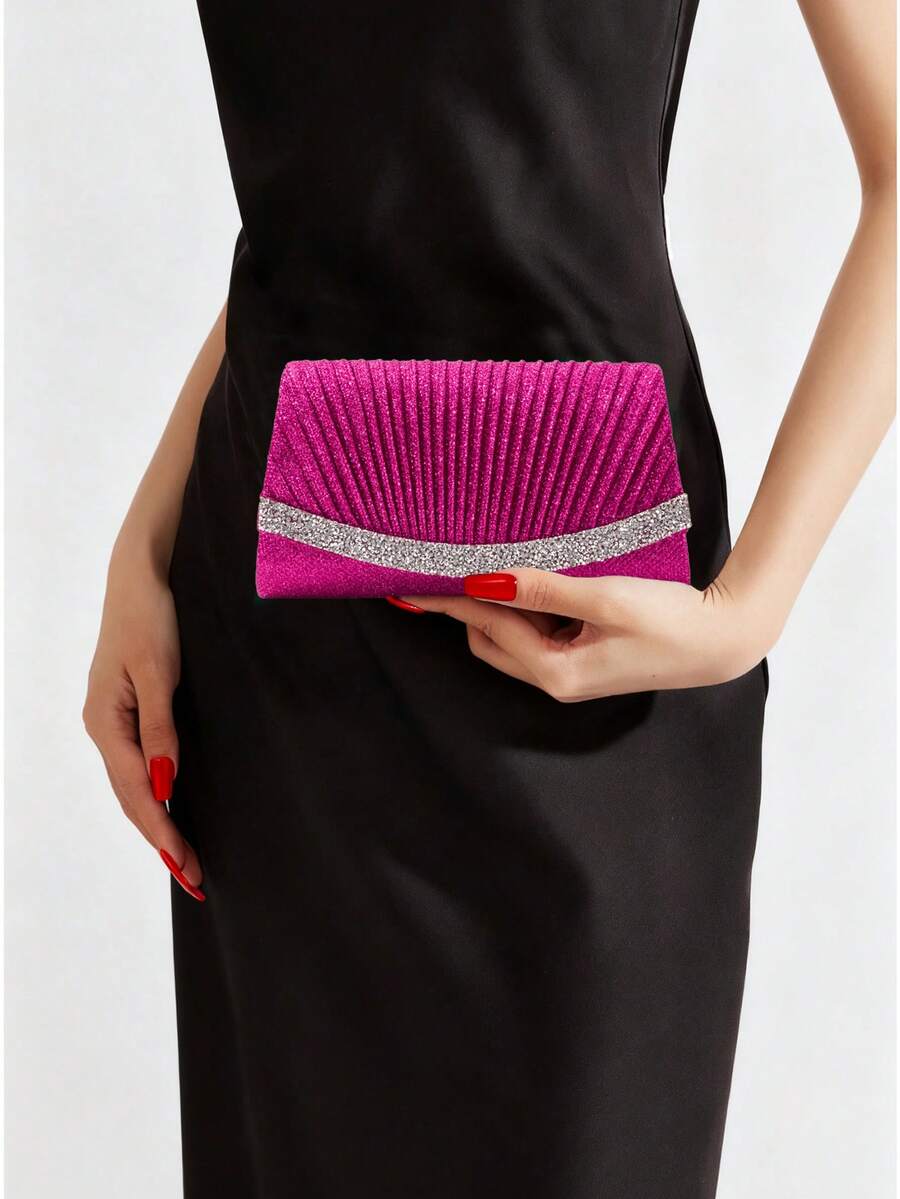 1pc Fuchsia Sequin Elegant Mini Pleated Clutch Bag With Rhinestone, Suitable For Wedding, Banquet, Party