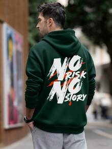 Zrgoth 男士連帽衫 秋冬新款美式街頭風 個性化標語短句「NO RISK NO STORY」印花保暖內裡連帽運動衫 - 綠色 - 查看 3