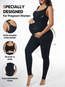 孕妇纯色高弹力可扩展全长收腹裤 - 黑色 - 查看 3