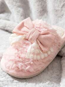 1 Pair Cute Bow Decor Slippers For Teenage Girls, Warm Indoor Slippers For Couples, Suitable For Winter