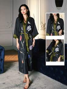 复古宽松优雅时尚通勤印花长款和服罩衫，休闲家居系带长袍，沙滩罩衫，夏季泳衣外层 - 黑色 - 查看 7