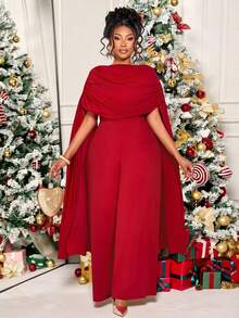 BIUBIU Bộ jumpsuit dáng ôm màu trơn thanh lịch dành cho nữ cỡ lớn mùa thu đông, cổ áo xếp ly, chất liệu satin co giãn cao, thích hợp làm váy dự tiệc/trang phục năm mới/trang phục Giáng sinh/trang phục đi chơi mùa xuân. - Màu Đỏ Sâu - Xem 4