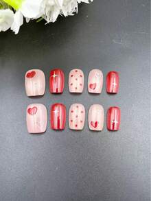 手工制作 10 件套美甲贴片，红色，短梯形，美妆，香氛主题，法式美甲，按压式美甲，新年美甲，情人节美甲，UV 灯美甲，夏季美甲，日常美甲，优雅精致设计，高端法式风格。
