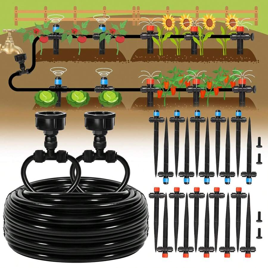 110FT Quick-Connect Drip Irrigation Kit, Garden Watering System DIY Automatic Irrigation Equipment Set For Lawn Raised Bed Greenhouse Plant Watering With 1/4'' Tubing, Drip Emitters, Connectors - Default Color - View 1