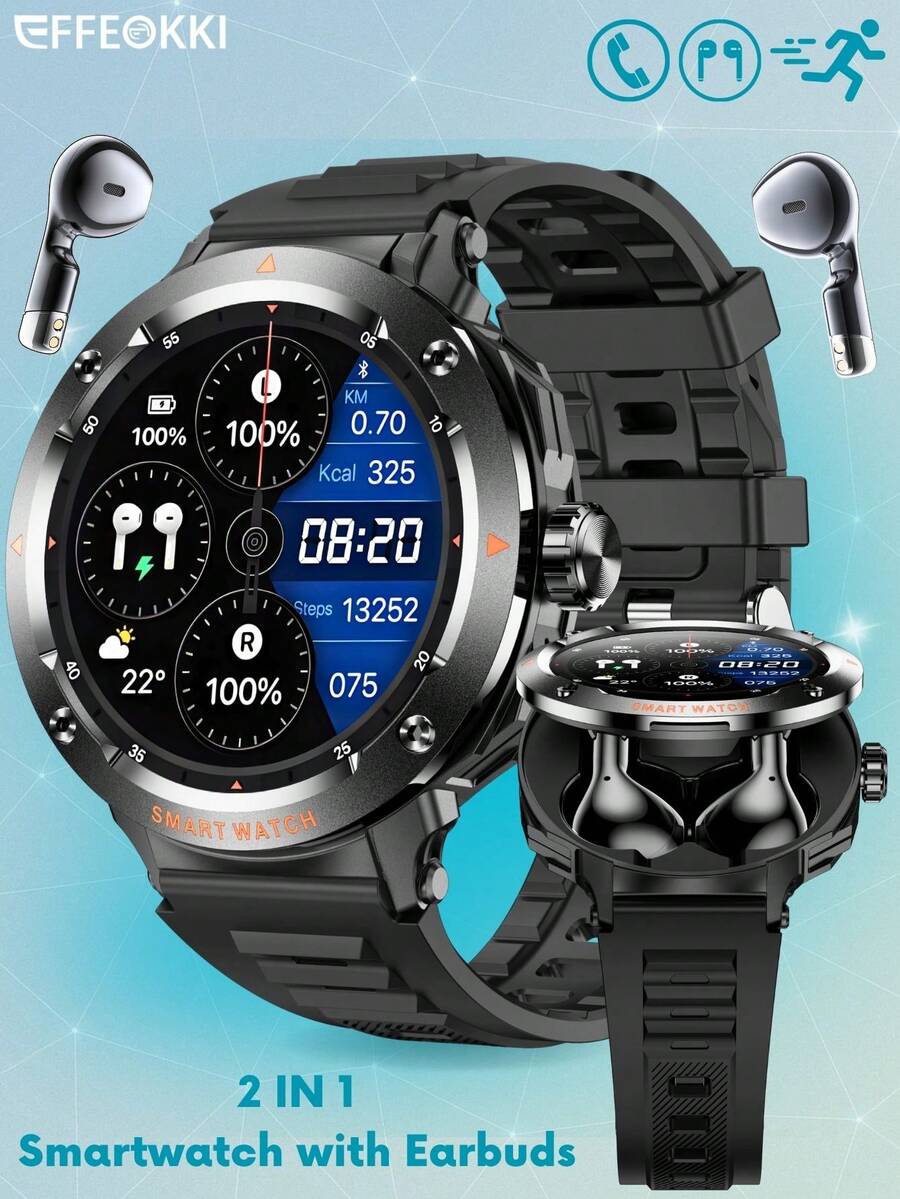 EFFEOKKI 2-In-1 Smart Watch With Earphones - Zinc Alloy Bezel, Supports Calling/Answering, NFC, 1.46" Full Touch Screen, Heart Rate & Blood Oxygen & Sleep Monitoring, Multi-Function Fitness Tracker, Compatible With IOS And Android, Gift For Men, Suitable For Husband, Father Or Boyfriend