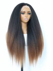 黑色Yaki直发合成蕾丝前假发，13x4蕾丝前假发，适合渐变染发，预挤压成型，24英寸自然色 - 間色 - 查看 4